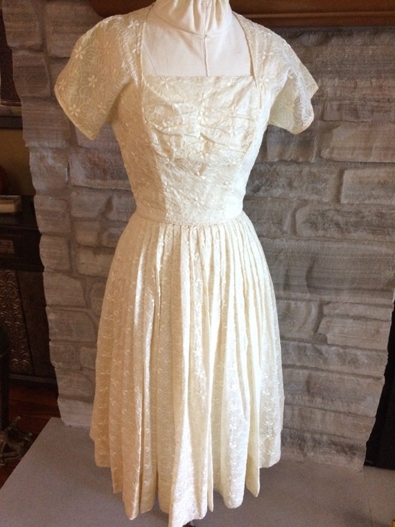 1960s Cream Full Skirted Dress Cream Tone on Tone… - image 1