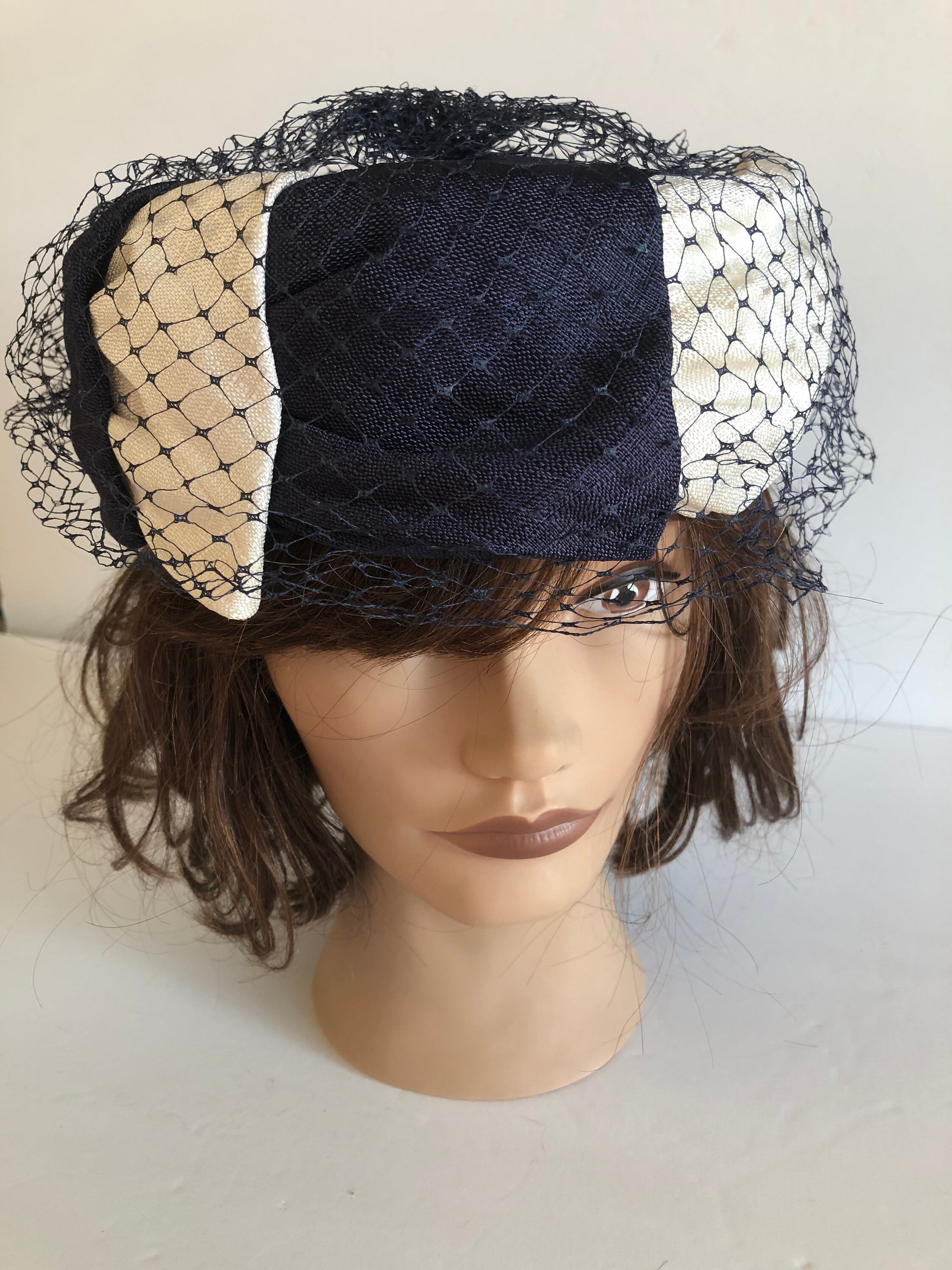 Vintage Blue and White Pillbox Hat With Netting Jackie O Etsy