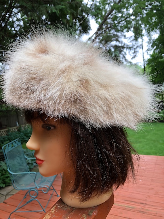 Vintage Soft Fur Hat Pillbox Beige Tan Cream Off W