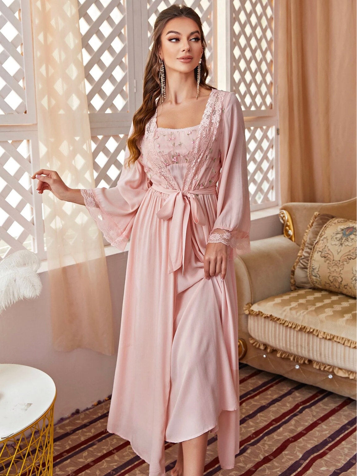 Amazoncom CZDYUF Satin 2 Pieces Robe Set Lace Sleepwear Sexy Strap Nightgown  Long Womens Nightwear Casual Home Suit Woman Color  A Size  XL code   Clothing Shoes  Jewelry