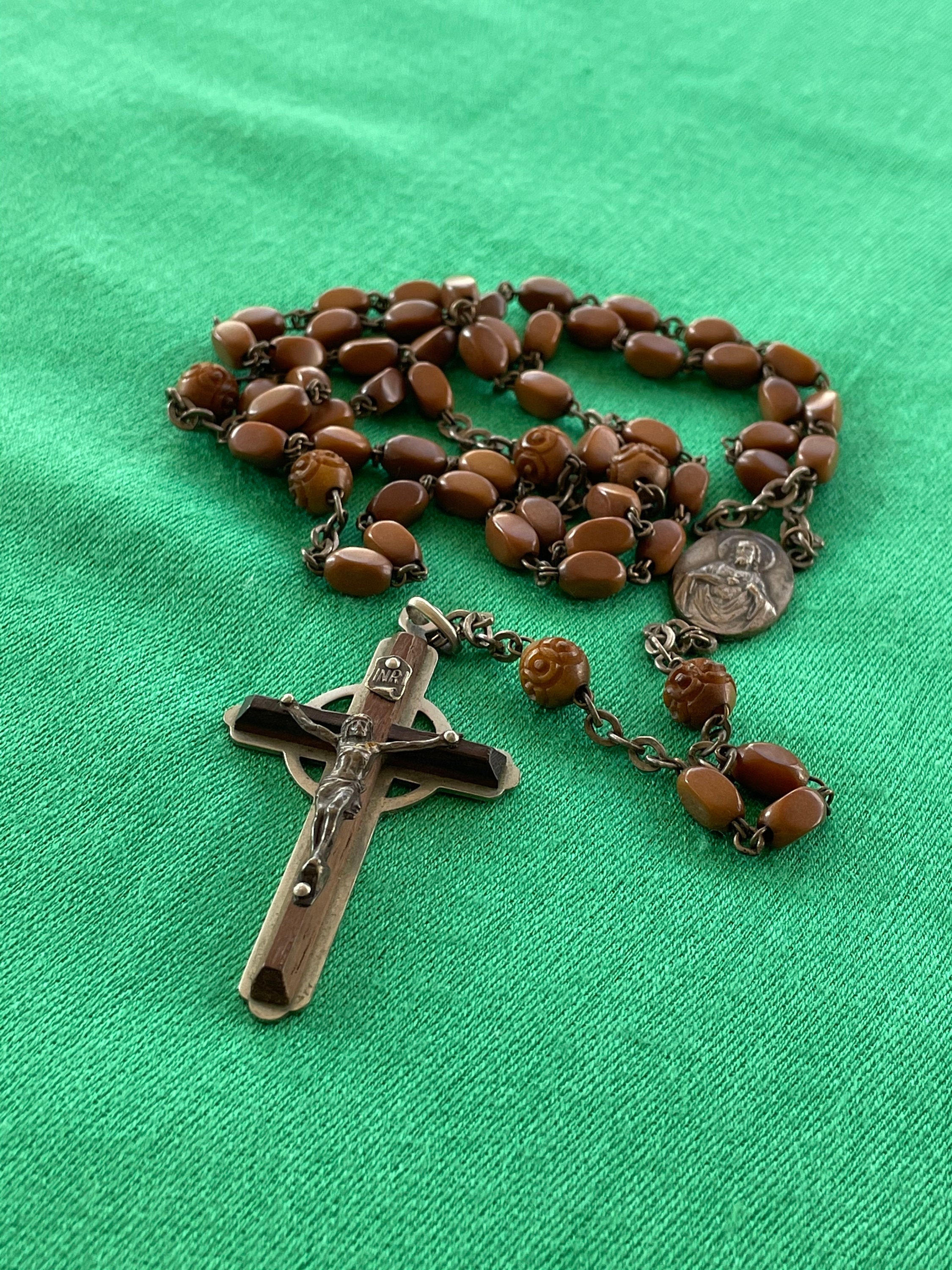 BROWN BEADS NECKLACE Religious Brown Beads Necklace Jesus Crucifix