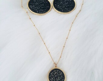 Black and gold necklace and earrings set, black leather earrings, black leather necklace