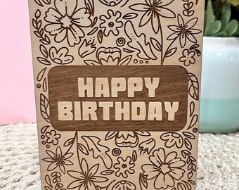 Happy Birthday Wood Greeting Card | Engraved Greeting Card | Floral Greeting Card | Wood Cards | Birthday Card | Holiday cards |Special gift