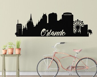 Calcomanía de pared del horizonte de Orlando, etiqueta engomada del vinilo, silueta de la ciudad de La Florida, pegatinas del arte del vinilo, decoración de la etiqueta engomada de la oficina