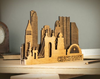 3D Cincinnati Wood City décor, City Skyline desk decor, Ohio City Silhouette, 3D art skyline laser-cut, Housewarming gift, Wooden Skyline
