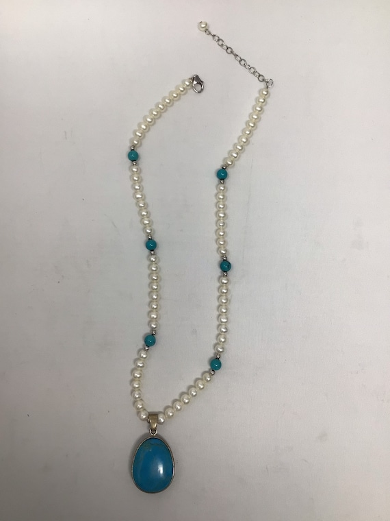 Turquoise and silver beads with potato pearls and 