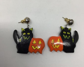 Wooden Cat and Pumpkin Halloween pierced earrings