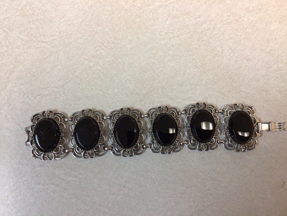 Emmons Silver tone black cabochons glass filigree… - image 1