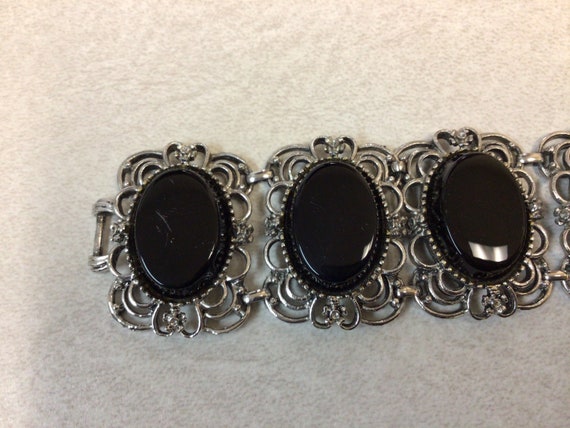 Emmons Silver tone black cabochons glass filigree… - image 2
