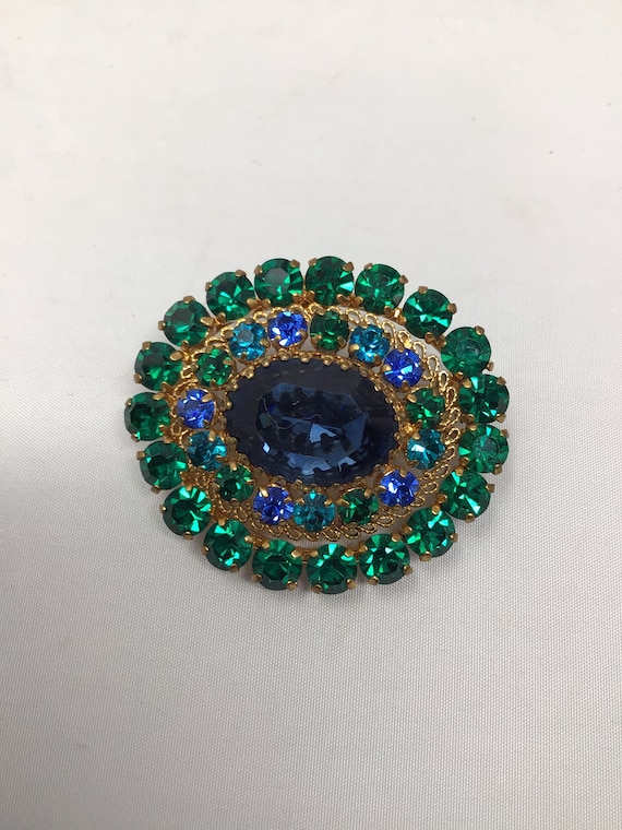 Austria Crystal Filagree Brooch Blue and Green Cry