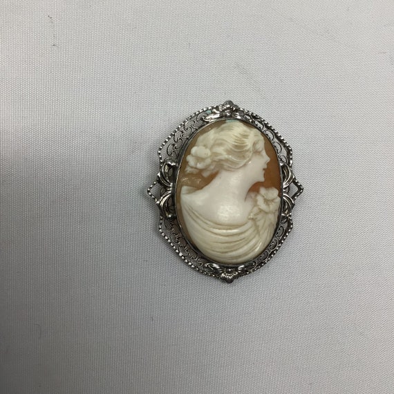 Vintage Sterling Silver Shell Cameo Brooch - image 1