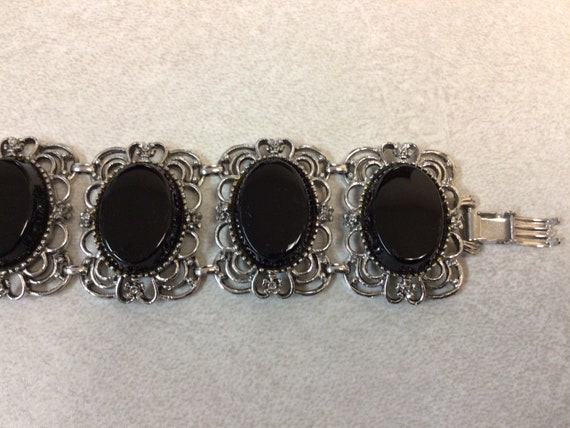 Emmons Silver tone black cabochons glass filigree… - image 3