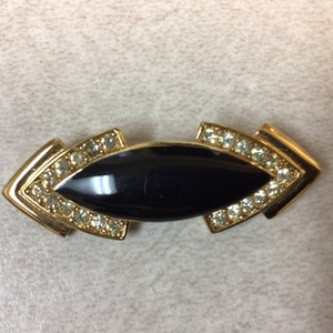 Trifari Black Enamel and Rhinestone brooch gold tone