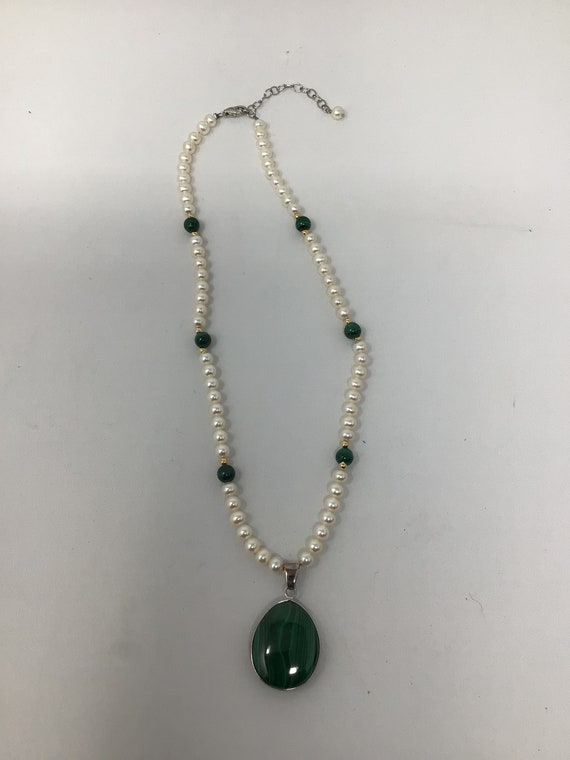 925 RS China Malachite Pendent with Potato Pearls… - image 1
