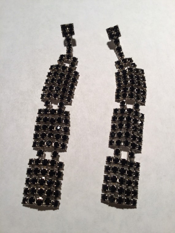 Vintage Jet Black Rhinestone Dangle Earrings - image 1