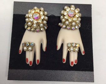 Red Nail hand earrings with rhinestone and faux pearl decor signed
