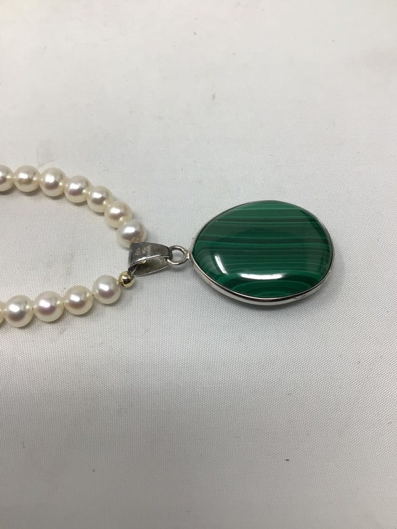 925 RS China Malachite Pendent with Potato Pearls… - image 2