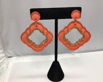 Zenzil 1970’s style fashion pierced earrings orange and gold tone lucite