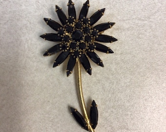 Vintage Black Crystal Flower Brooch