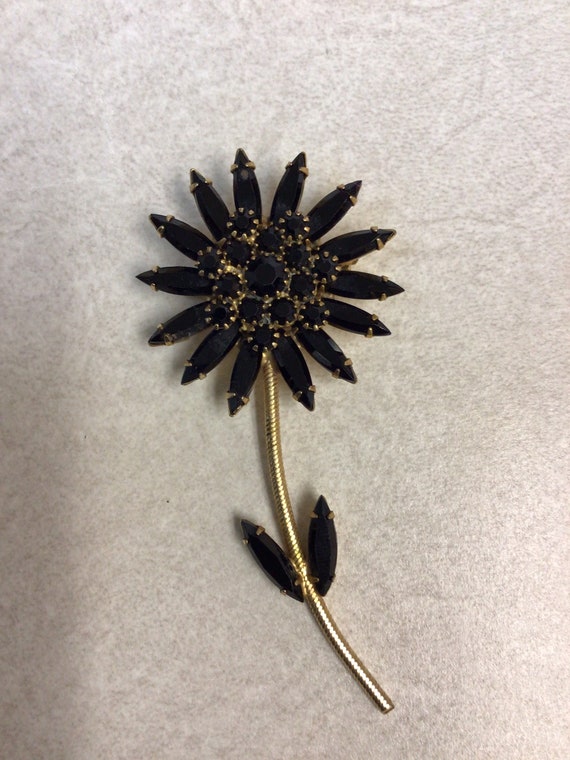 Vintage Black Crystal Flower Brooch - image 1