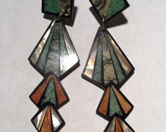 Lacquer and wood Geometric Earrings inlay w/ Abalone and Stone