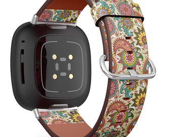 Fitbit Charge 2,3,4,5 2,3,4,5 / Versa 2,3,4 / Sense Vegan Leather Watch Band Handmade Bracelet - Paisley Flowers Print