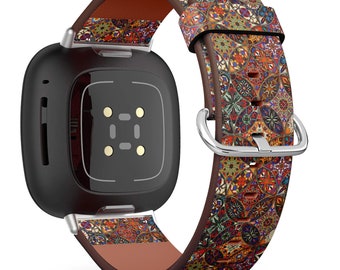 Fitbit Charge 2,3,4,5 2,3,4,5 / Versa 2,3,4 / Bracelet de montre en cuir végétalien Sense fait main - Mandalas décoratifs vintage