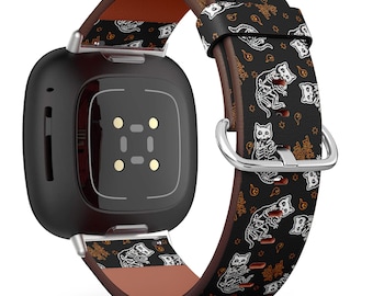 Fitbit Charge 2,3,4,5 / Versa / Sense Vegan Leather Watch Band Handmade Bracelet - Cute Halloween Skeletons Cats Print