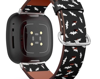 Fitbit Charge 2,3,4,5 2,3,4,5 / Versa 2,3,4 / Sense Vegan Leather Watch Band Handmade Bracelet - White Bats Print