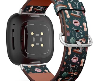 Fitbit Charge / Versa / Sense Vegan Leather Watch Band Handmade Bracelet - Cute Sewing Machine Scissors Theme Print