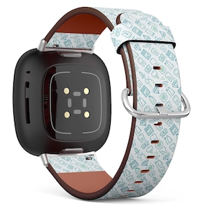 May include: A black smartwatch with a brown leather strap featuring a white and teal pattern of dental icons. The strap has a silver buckle.