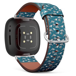 Fitbit Charge / Versa / Sense Vegan Leder Uhrenarmband Handmade Armband - Niedlicher Cartoon Haie Muster Druck