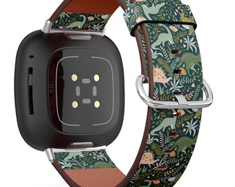 Fitbit Charge 2,3,4,5 2,3,4,5 / Versa 2,3,4 / Sense Vegan Leather Watch Band Handmade Bracelet - Cute Tropical Dinosaurs Print