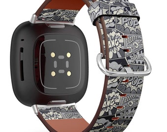 Fitbit Charge 2,3,4,5 / Versa / Sense Vegan Leather Watch Band Handmade Bracelet - Retro Pop Art Comic Shout Print