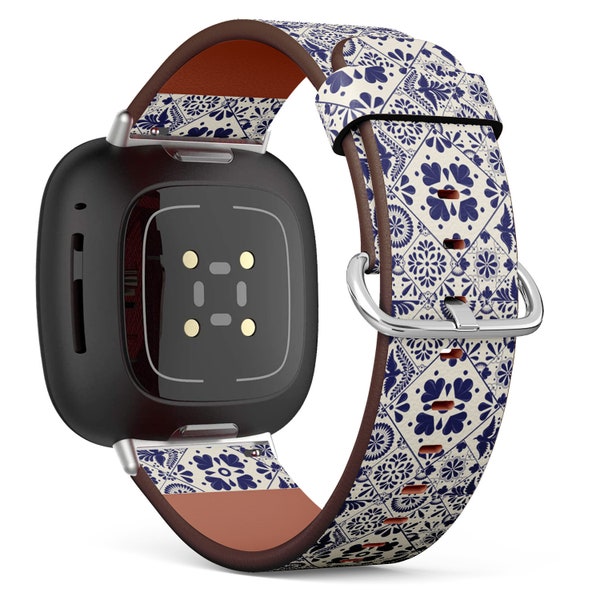 Fitbit Charge 2,3,4,5 / Versa 2,3,4 / Sense Vegan Leather Watch Band Handmade Bracelet - Mexican Traditional Talavera Style Tiles Print