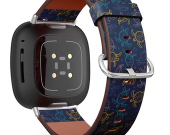 Fitbit Charge 2,3,4,5 / Versa / Sense Vegan Leather Watch Band Handmade Bracelet - Cheloniidae Sea Turtles Linear Print