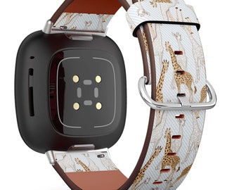 Fitbit Charge 2,3,4,5 / Versa / Sense Vegan Leather Watch Band Handmade Bracelet -  Cute Giraffe Print