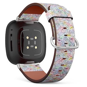 Può includere: Un orologio intelligente nero con un cinturino in pelle marrone con un motivo colorato di francobolli. Il cinturino ha uno sfondo bianco con francobolli colorati di vari paesi.