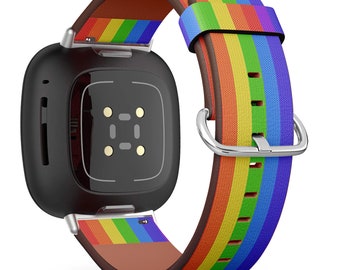 Fitbit Charge 2,3,4,5 2,3,4,5 / Versa 2,3,4 / Sense Vegan Leather Watch Band Handmade Bracelet - Cool Rainbow Canvas Texture Print