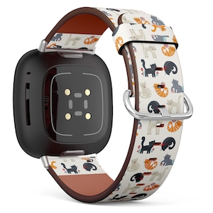 Fitbit Charge 2,3,4,5 / Versa / Sense Vegan Leder Uhrenarmband Handmade Armband - Süße Katzen Spielen Print