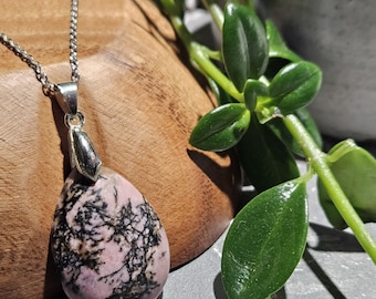 Handmade Rhodonite Pendant Necklace: Stone of Compassion, Stainless Steel Chain