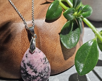 Handmade Rhodonite Pendant Necklace: Stainless Steel Chain, Healing Stone - Pink Crystal Gift for Her