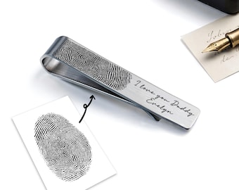 Custom Handwriting Tie Clip for Dad, Personalized Memorial Fingerprint Tie Bar Gift for Him, Father's Day Gift from Daughter