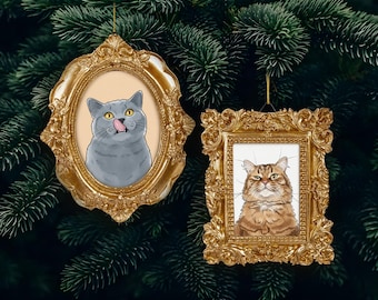 Personalized Cat Ornament, Custom Watercolor Pet Portrait from Picture, Vintage Style Frame Christmas Ornament