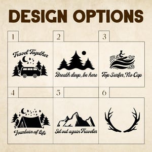 K&ouml;nnte beinhalten: Ein Bild mit sechs Designoptionen zu Outdoor- und Reisethemen. Die Designs umfassen einen Campingbus, B&auml;ume, einen Surfer, ein Zelt, Berge und Geweihe, jeweils mit Text wie "Travel Together" und "Fountain of life."