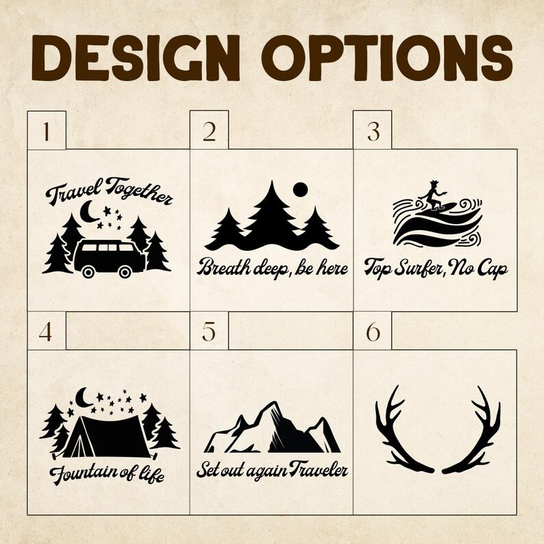 K&ouml;nnte beinhalten: Ein Bild mit sechs Designoptionen zu Outdoor- und Reisethemen. Die Designs umfassen einen Campingbus, B&auml;ume, einen Surfer, ein Zelt, Berge und Geweihe, jeweils mit Text wie "Travel Together" und "Fountain of life."