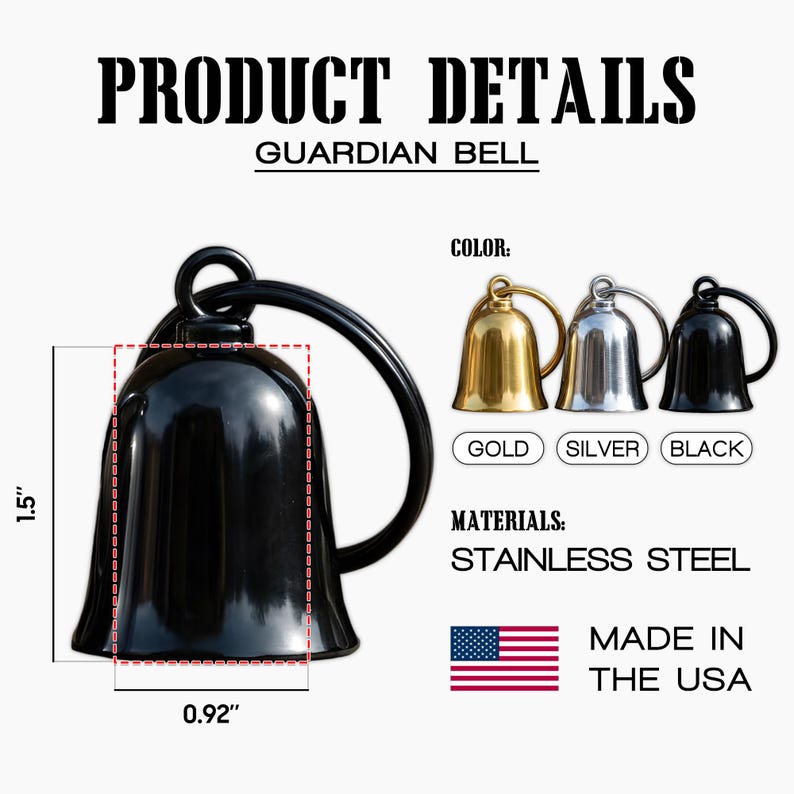 May include: A black Guardian Bell made of stainless steel, measuring 1.5 inches tall and 0.92 inches wide. The image also shows gold and silver bell options. Made in the USA.