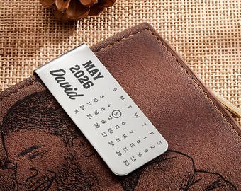Custom Calendar Father's Day Money Clip, Personalized Birthday Gift For Dad, Engraved Money Holder For Him