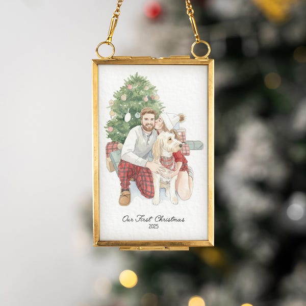 Adorno de marco de retrato de acuarela personalizado, regalo único de Navidad con foto familiar