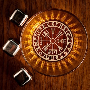 Engraved Viking Runes Whiskey Glass - Norse Mythology Compass Gift for Him